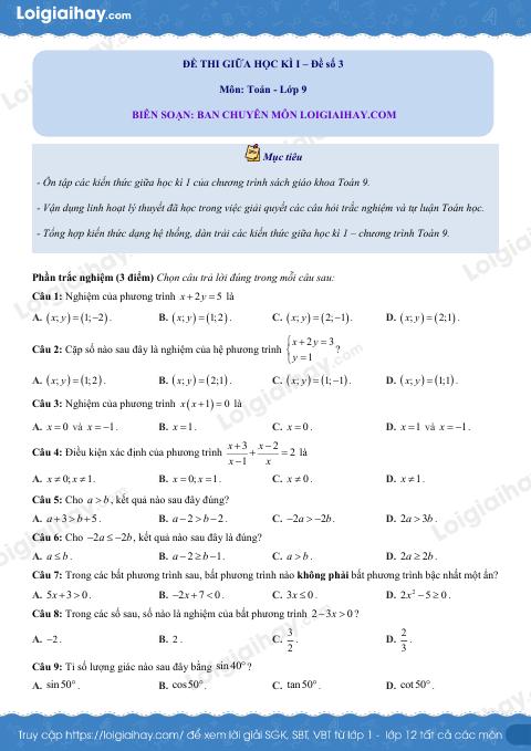 Đề thi giữa kì 1 Toán 9 - Đề số 3